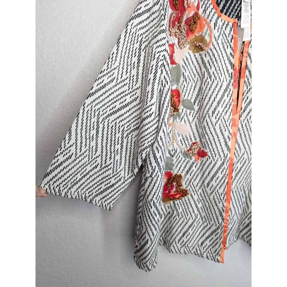 NWT Chico's Open Front Jacket Sz 4 Artisan Applique Embroidered Artsy Unique